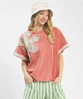 Umgee Blouse Rose French Terry Top with Flower Patch Short Sleeve ROSE ca785f59-99a6-4ef0-8bfc-3f745bac109e-Max-Origin Trendsi
