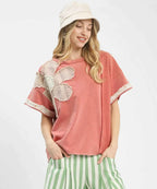 Umgee Blouse Rose French Terry Top with Flower Patch Short Sleeve ROSE ca785f59-99a6-4ef0-8bfc-3f745bac109e-Max-Origin Trendsi