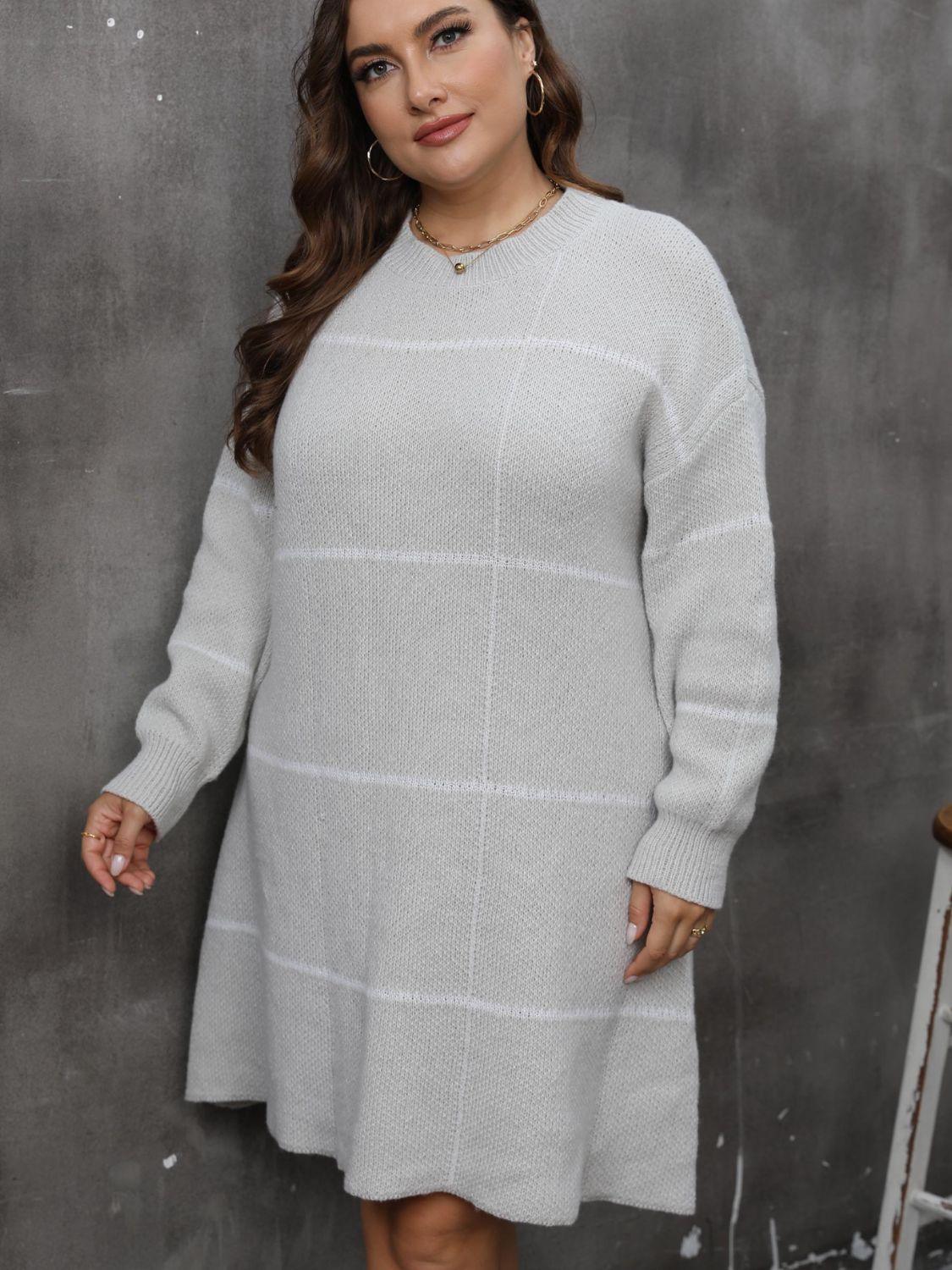 Plus Size Sweater Dress Plaid Round Neck Long Sleeve Mini ca81747c-a5f3-4139-a3be-085e0c05f39a-Max Trendsi