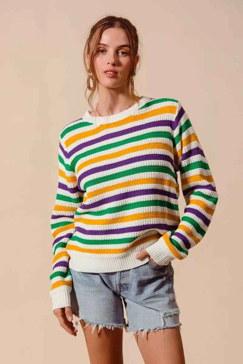 SO ME Women Sweater Ivory Mardi Gras Color Stripe Knit Top IVORY COMBO ca8890e534a94be3ba722be017c4db03-Max-Origin Trendsi