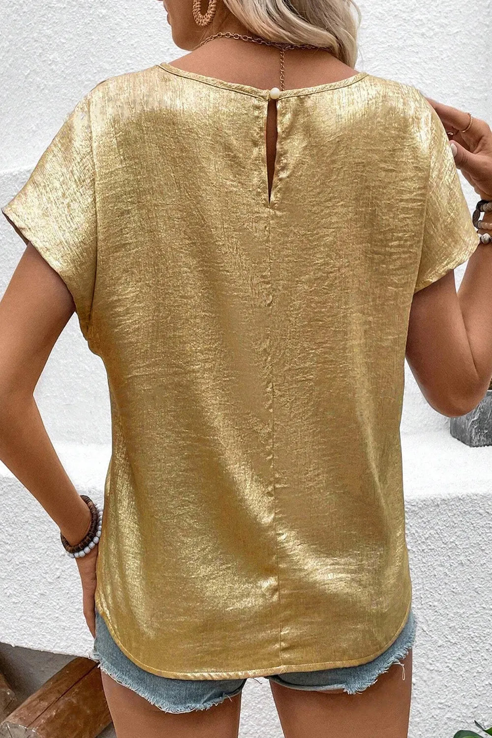 Women's Blouse Metallic Gold Short Sleeve Casual Top ca8b3338-5361-41d3-b86a-a8d9f26b51b5-Max-Origin Trendsi