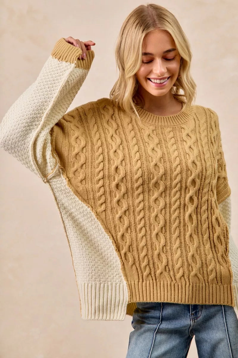 BiBi Womens Sweater Cable Knit With Hacci Combo Uneven Hem Detail ca8ed14ebc1e40389400768ff97c4ecd-Max-Origin Trendsi