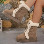 Women's Boots Faux Suede Fluff Lined Lace Up Round Toe Platform Mid Heels Coffee Brown ca9946d158704b84a80162d1fa610e07-Max-Origin Trendsi