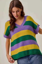 SO ME Women Sweater Purple Mix Mardi Gras Loose Fit V Neck Stripe Top ca9a4c1a68254a92aaa90933b90c4f49-Max-Origin Trendsi