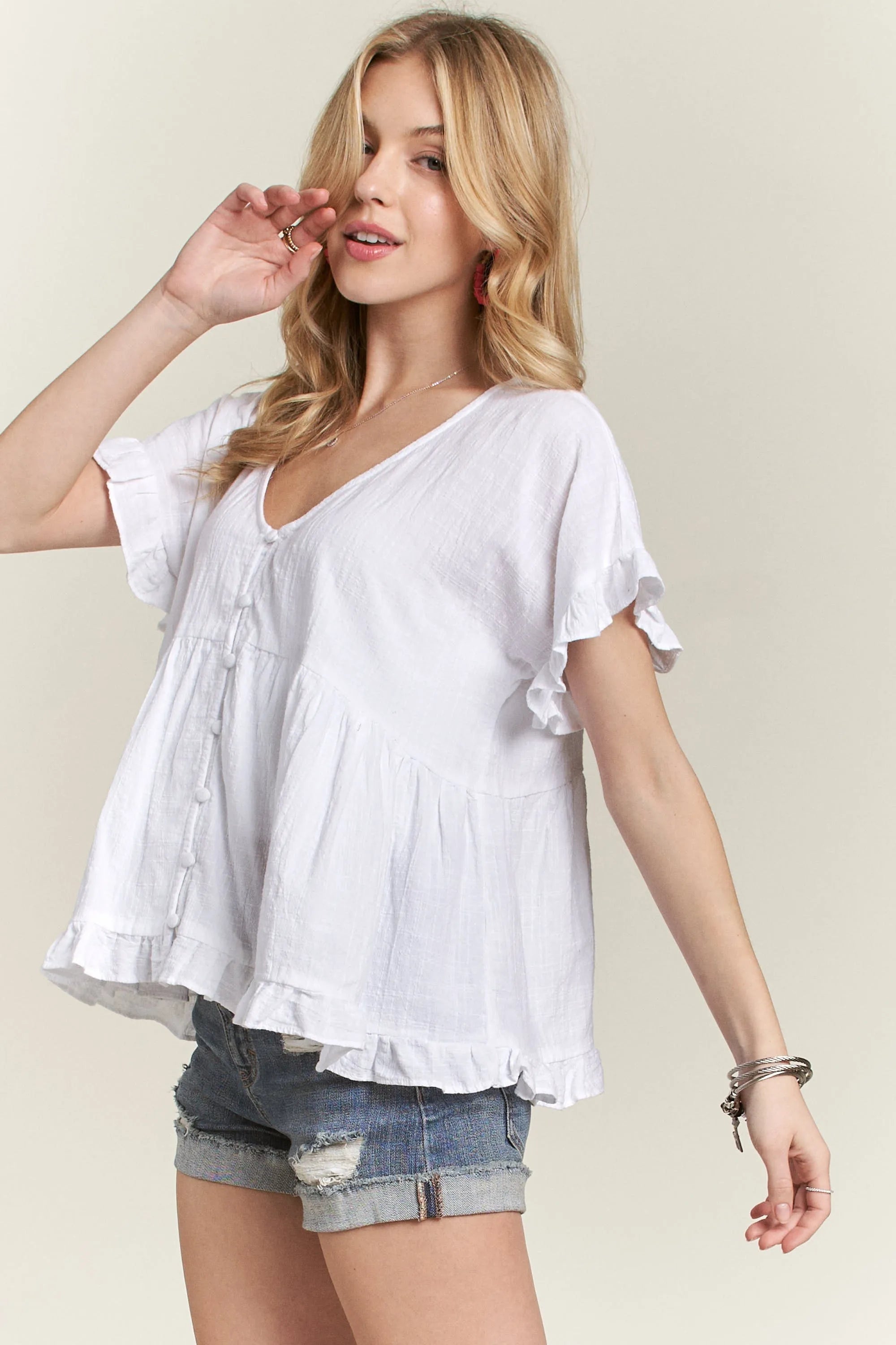 ADORA Cotton Blouse Buttoned Short Ruffled Babydoll White Top ca9b80cd677241be981f65a5d52e4e4a-Max-Origin Trendsi