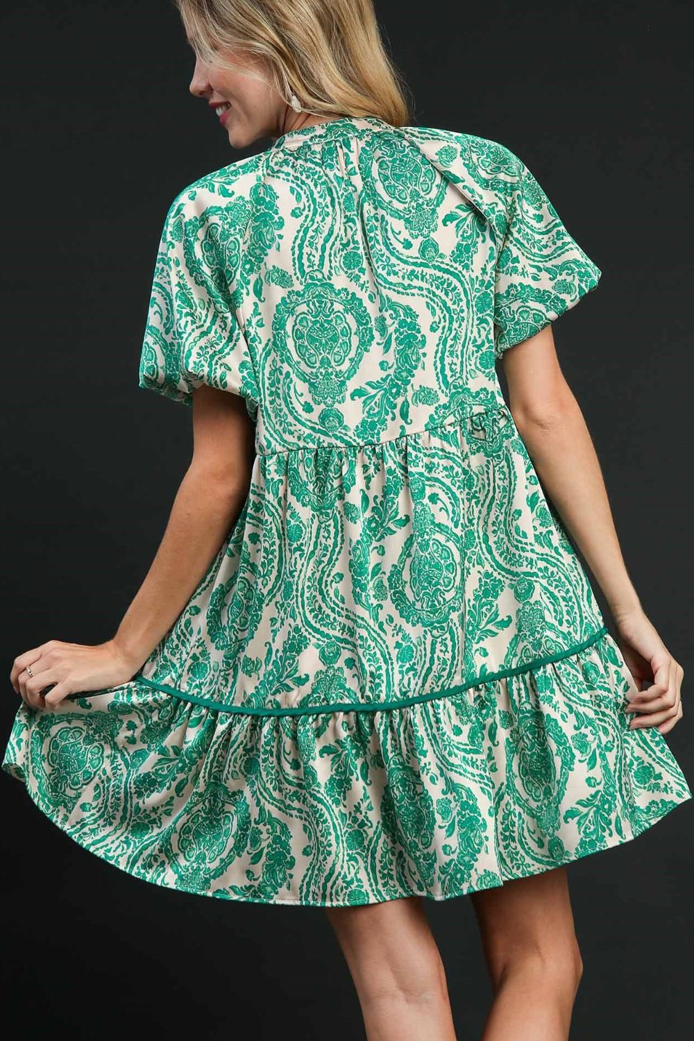 Umgee Mini Dress Green Teal Printed Floral Notched Puff Short Sleeve ca9bbc05-4268-487b-b73b-0eede82ea73c-Max Trendsi