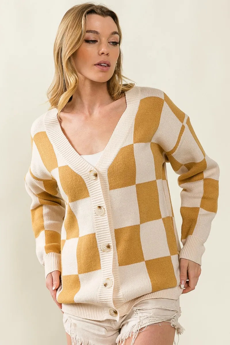 BiBi Cardigan Knit Ivory Camel Checked V-neck Long Sleeve Sweater caa7751a220d4f42b841697480c608bf-Max-Origin Trendsi