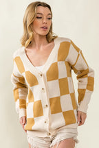 BiBi Cardigan Knit Ivory Camel Checked V-neck Long Sleeve Sweater caa7751a220d4f42b841697480c608bf-Max-Origin Trendsi