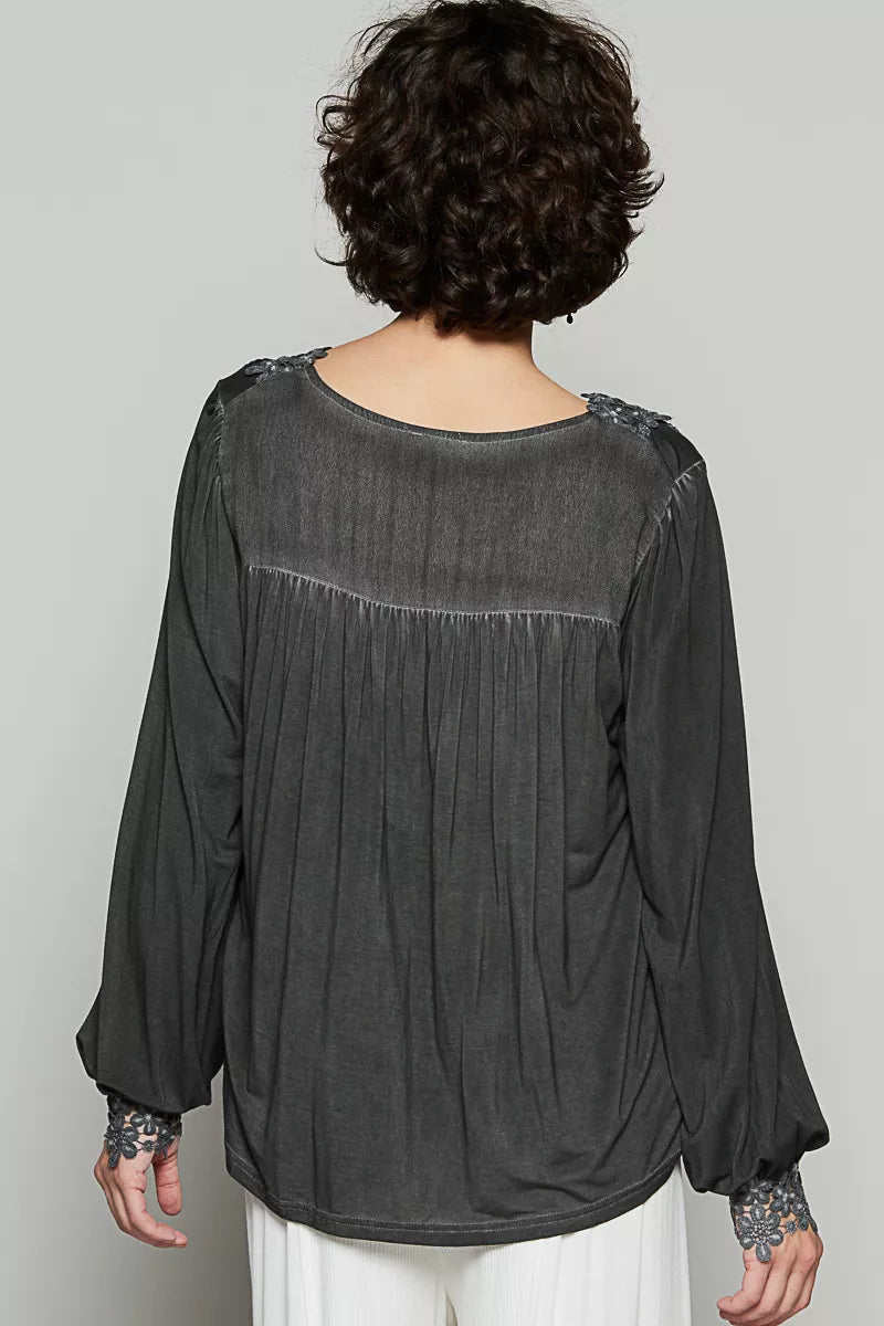 POL Womens Blouse Black Floral Embroidery Woven Top with Lace Trim cab2e459-abee-436a-81cc-4f9fff672bd1-Max-Origin Trendsi