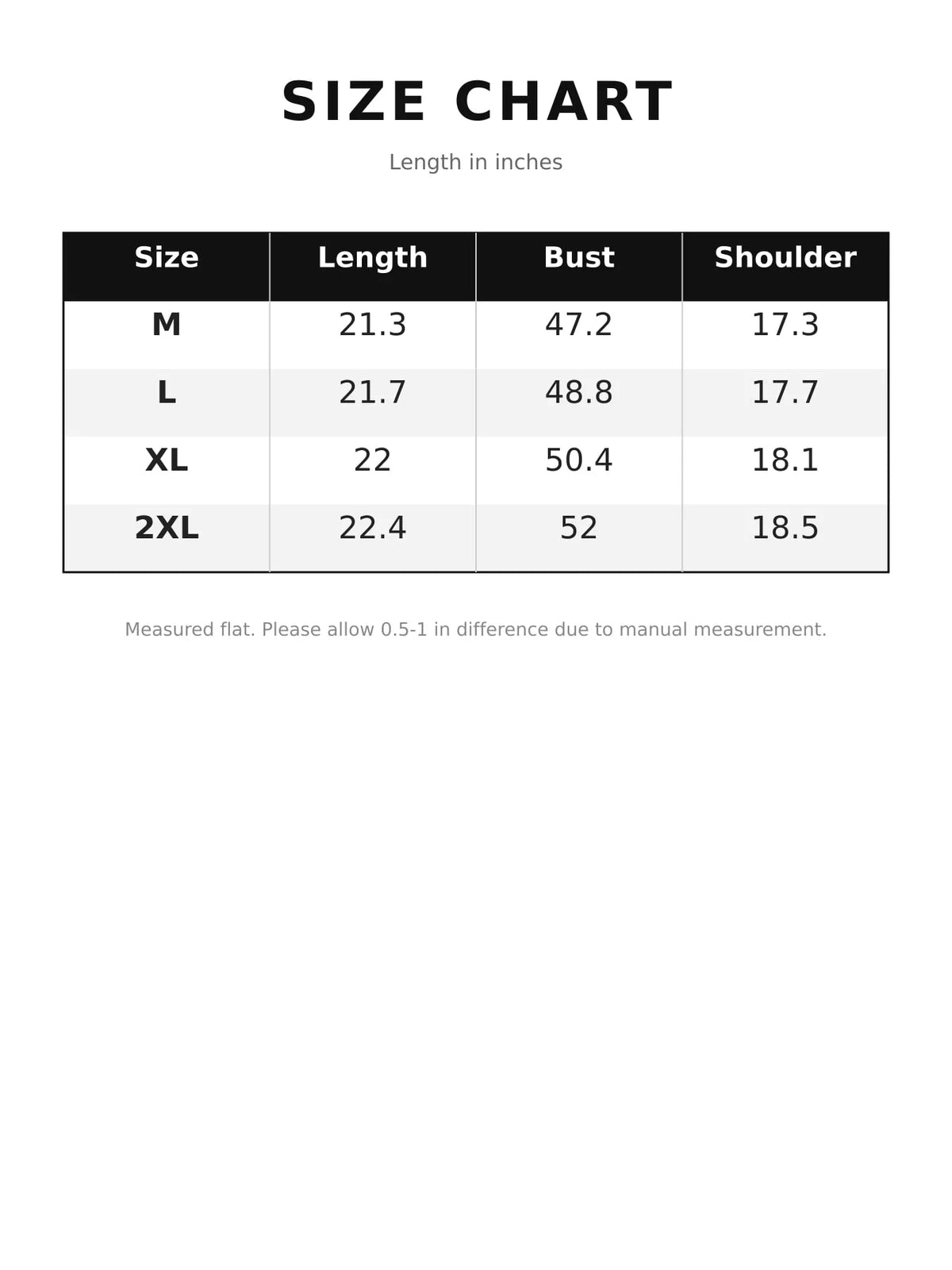 Digital size chart graphic for vest listing measurements in inches for sizes M to 2XL