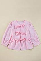 Women's Blouse Striped Blush Pink Bow Tie Front Peplum Long Sleeve Top cac26c68-0aa4-480e-a6ab-22c444cd471f-Max-Origin Trendsi