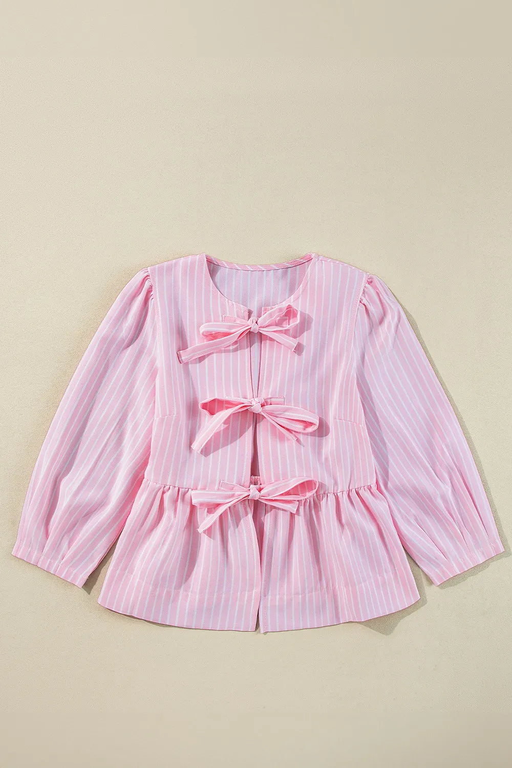 Women's Blouse Striped Blush Pink Bow Tie Front Peplum Long Sleeve Top cac26c68-0aa4-480e-a6ab-22c444cd471f-Max-Origin Trendsi