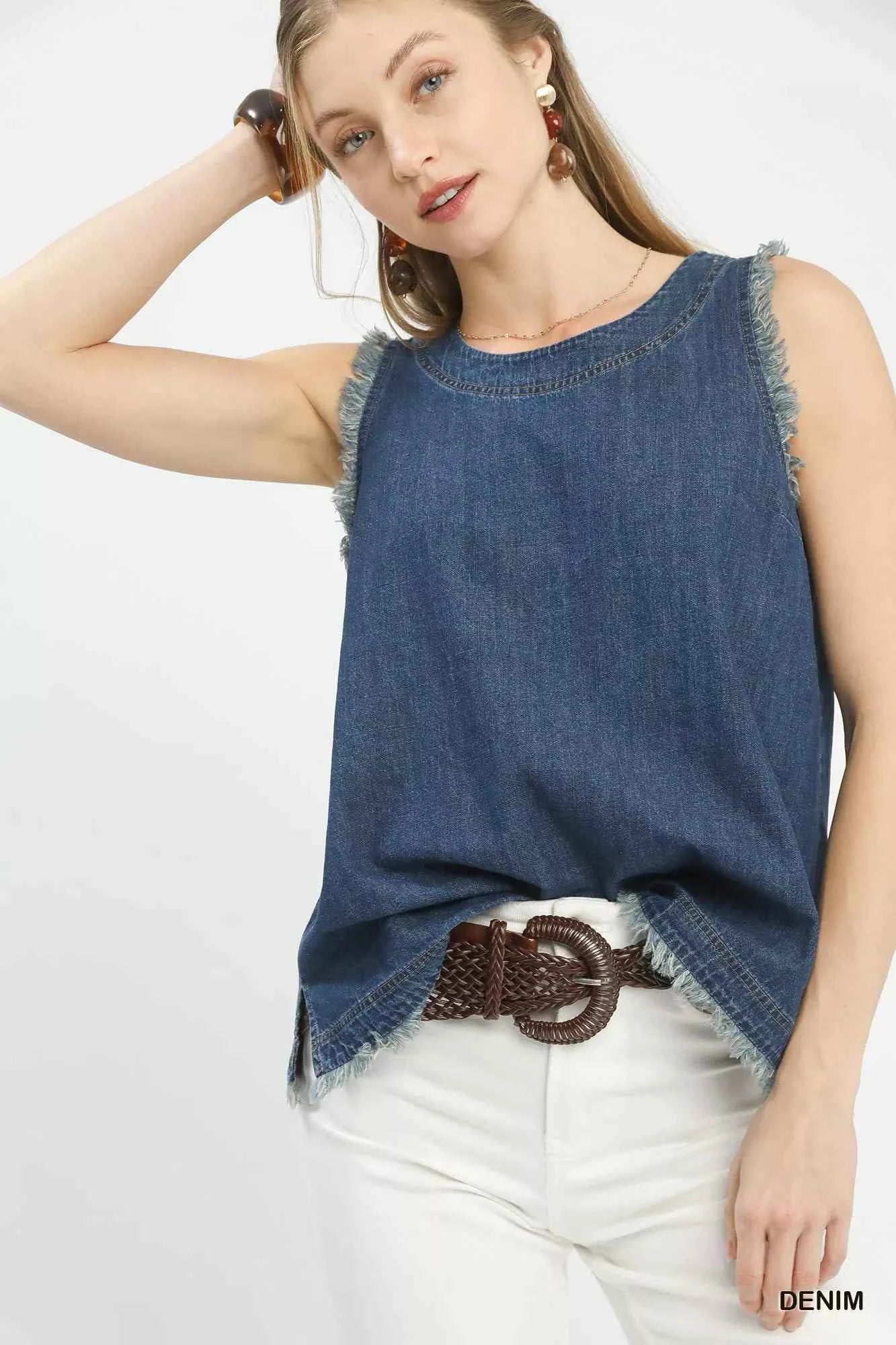 Umgee Denim Top Blue Sleeveless Fringe Hem Blouse cace04c4-3415-418f-8fb3-8a836f59b742-Max-Origin Trendsi