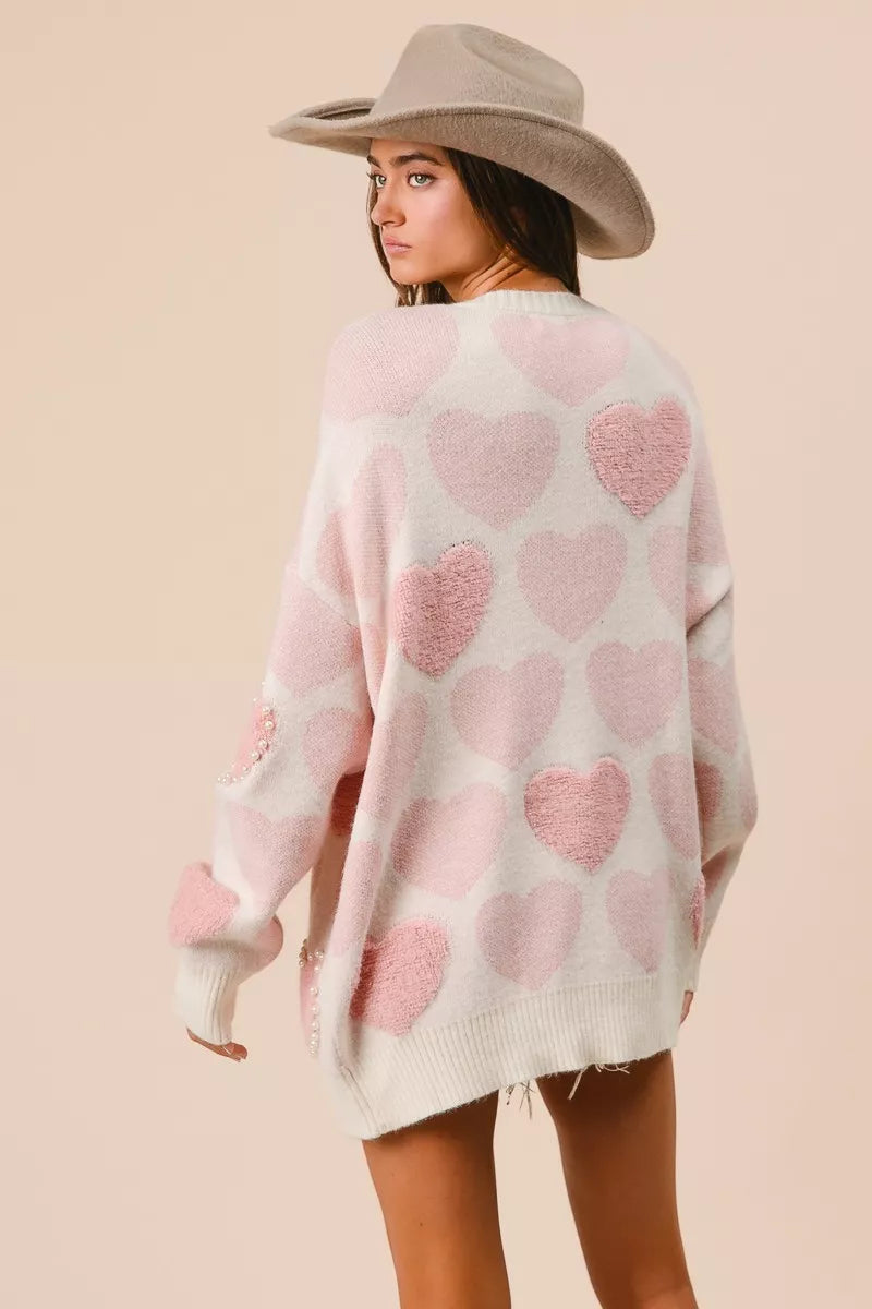 BiBi Womens Sweater Light Pink Heart Pattern with Pearl Detail cad4a7cb590f4683b86395f535546564-Max-Origin Trendsi