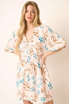 Mittoshop Mini Dress Flower Print Mocked Waist V Neck Short Sleeve cae7631f89b94d1b8eb6f16fa66996d6-Max-Origin Trendsi