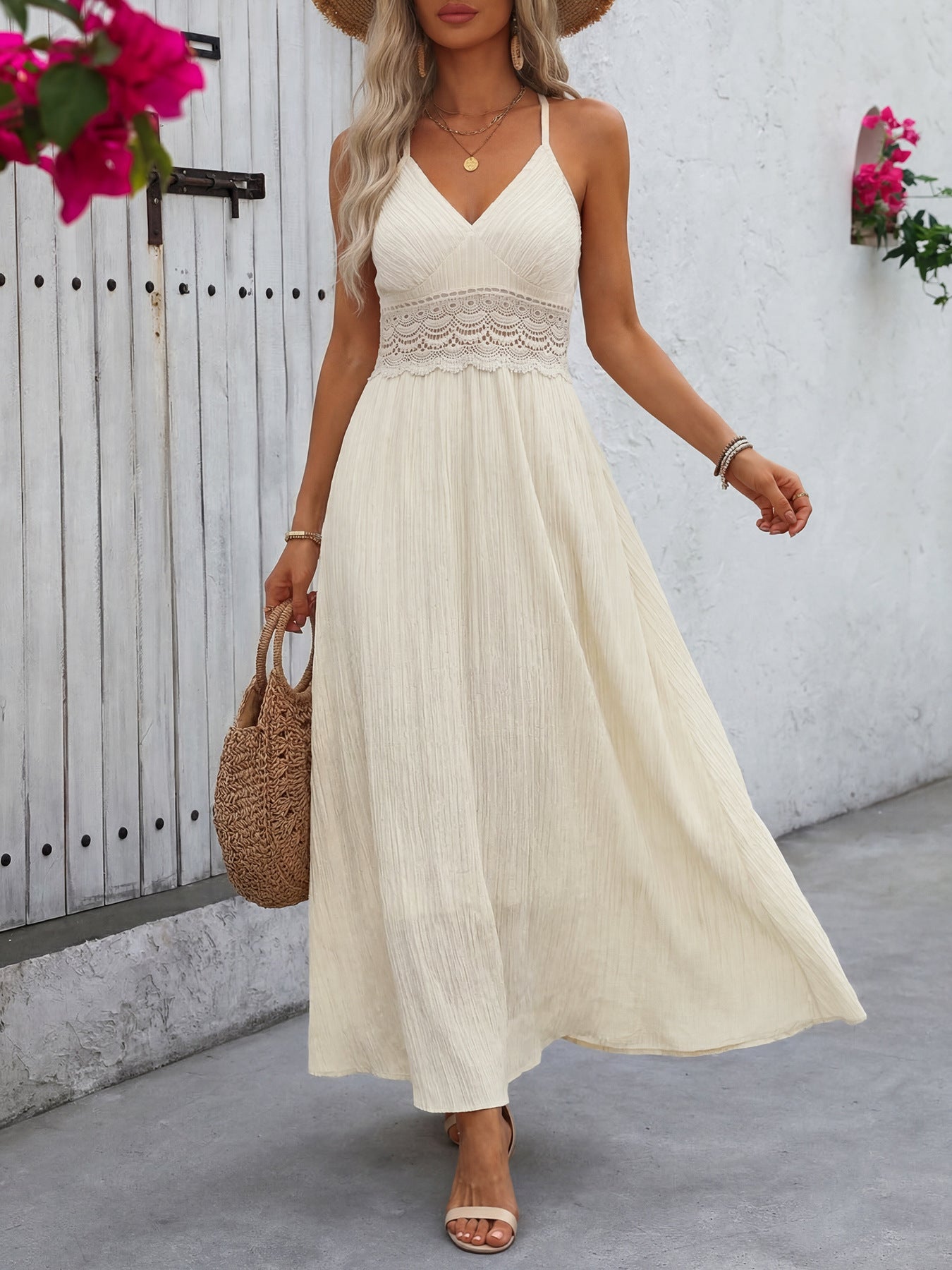 Lace Trim V-Neck Maxi Dress with Tie Detail