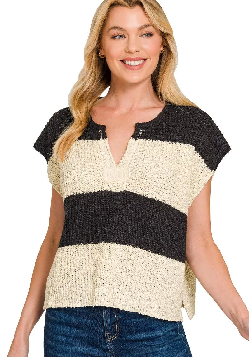Zenana Black Stripe Sweater Split Neck Sleeveless Knit Top Short Sleeve BLACK caf57a7b84714bcbbf973624ebc12320-Max-Origin Trendsi