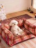 Plaid Pattern Plush Sofa Pet Bed with Foldable Design and Scratch-Resistant Polyester Material