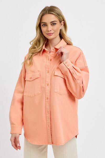 RISEN Denim Shacket Button Down Long Sleeve Watermelon Pink Pocketed caf84a4f-8ab2-4dbb-ae07-725f928fd318-Min Trendsi