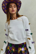 SO ME Sweater Knit Top Mardi Gras Glitter Bow Ribbon Ivory cb0a1371ac9d4cee8707dc95fbd4b343-Max-Origin Trendsi