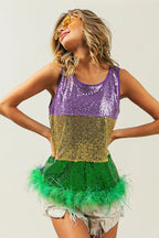 BiBi Sequin Top Mardi Gras Color Block Faux Feather Hem Sleeveless cb0d86fc38a7452fadcc73a943942316-Max-Origin Trendsi
