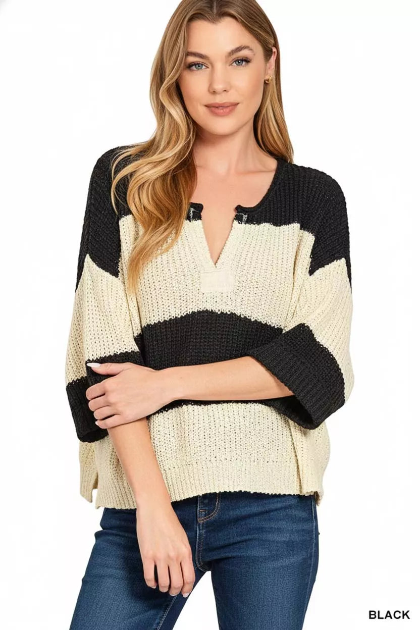 Zenana Womens Sweater Black Stripe Split Neck Oversized Knit Top Short Sleeve cb0e6e68-7ab5-4665-a7a6-1ebfdc1910df-Max-Origin Trendsi