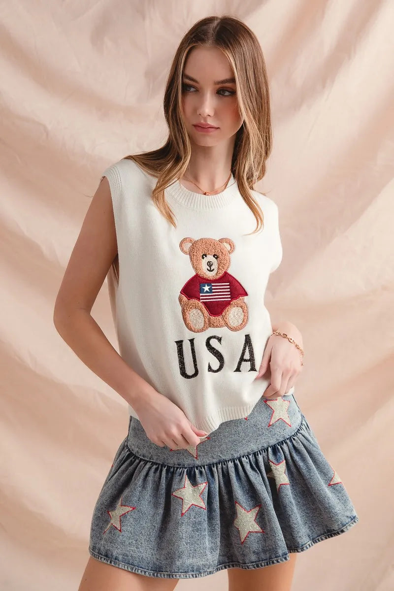 SO ME Sweater Vest Teddy Bear Wearing An American Flag With Usa Embroidered IVORY cb1793c793764f10a82e362cc436e147-Max-Origin Trendsi