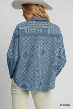 Umgee Women's Denim Jacket Paisley Print Shirt Light Blue Buttoned Oversized cb2bfe65-f603-4fa8-ad16-fdac23083389-Max-Origin Trendsi