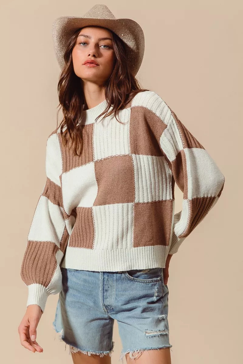 SO ME Ribbed Color Block Checkered Plaid Sweater cb2de95dae434693be86cf1b2a8f2b5d-Max-Origin Trendsi