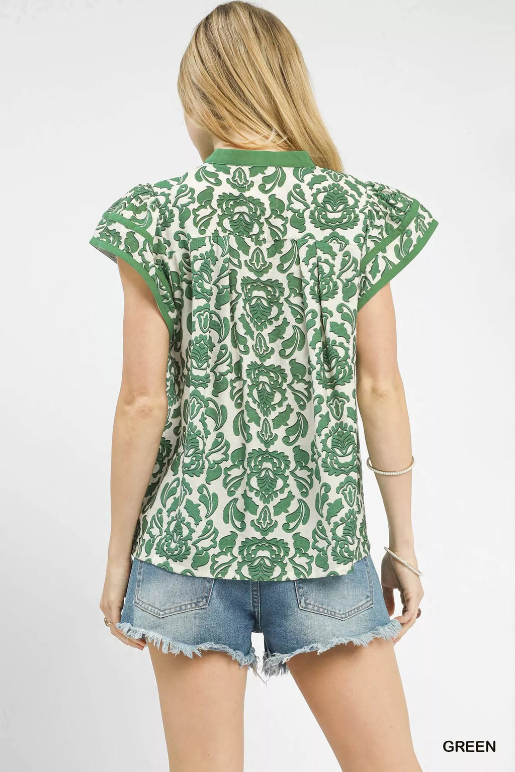 Umgee Womens Blouse Green Abstract Print Short Sleeve Top cb5ca7e4-2bd4-4a6b-bc58-fac61de958f0-Max-Origin Trendsi