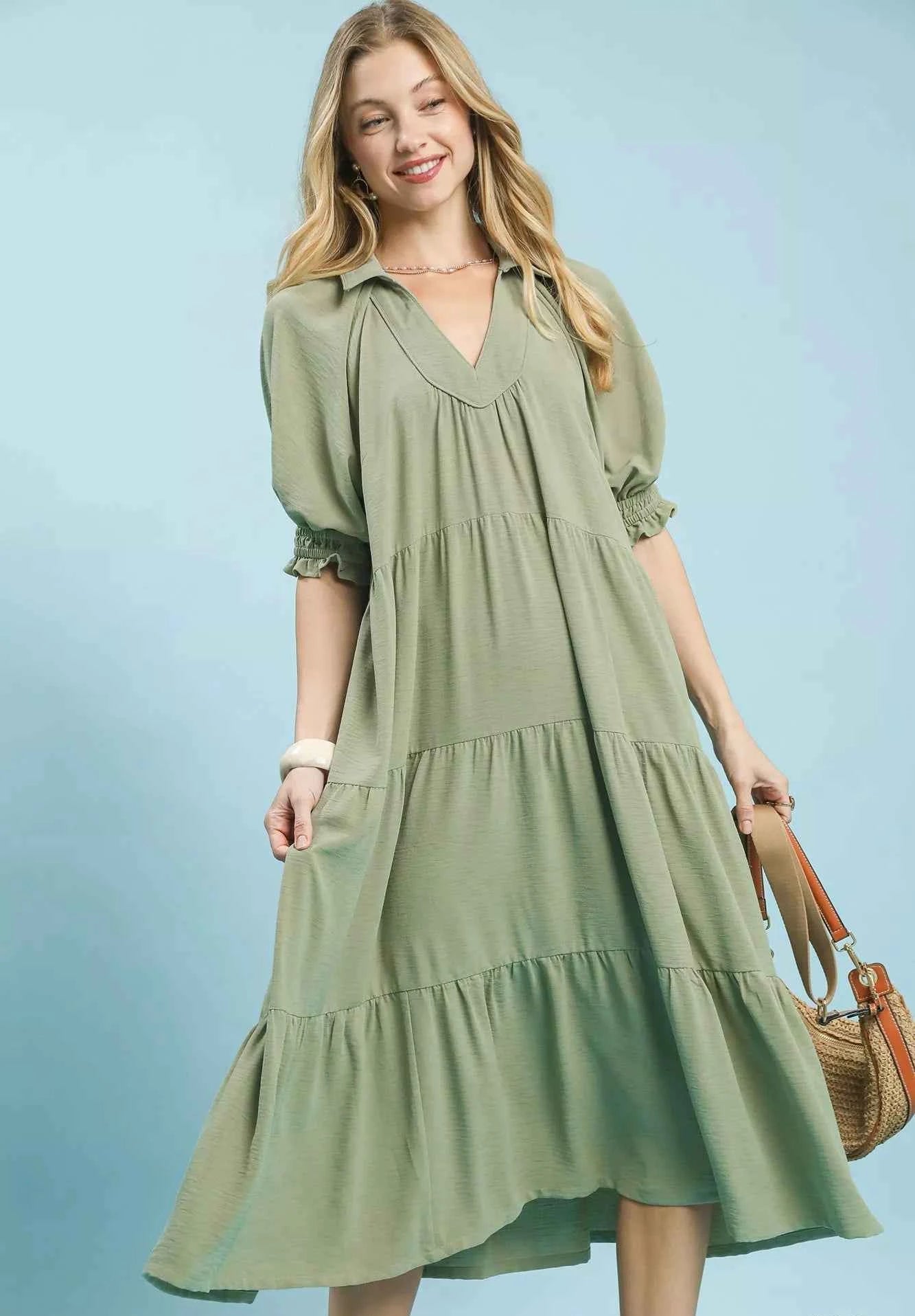 Umgee Midi Dress Tiered Solid Sage Green Ruffled Short Sleeve cb6aed8c-d847-419f-93a4-a3643a9272e4-Max-Origin Trendsi