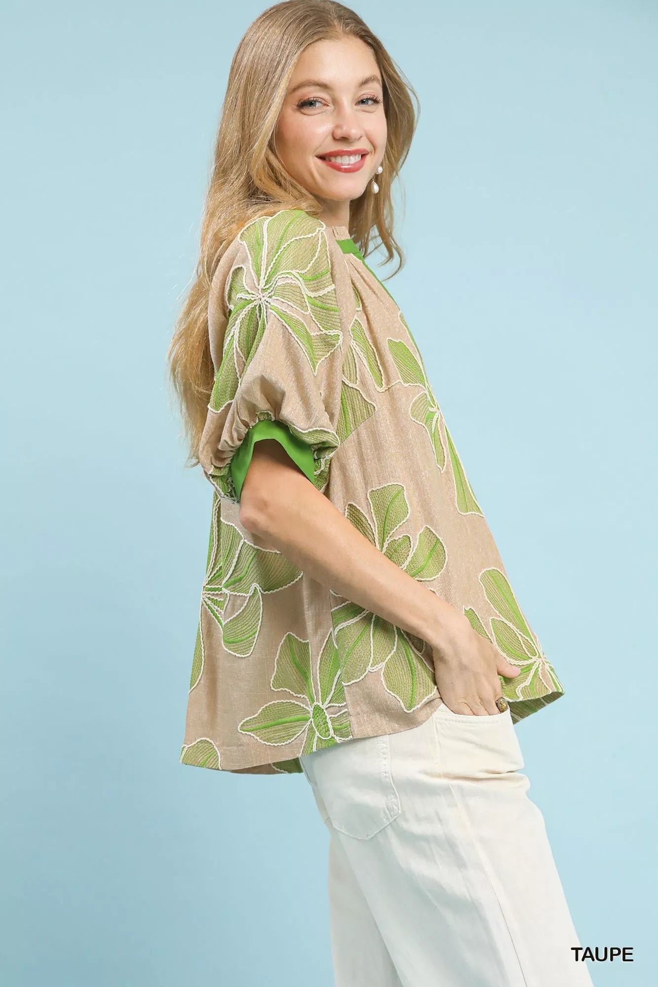 Umgee Womens Blouse Taupe Green Floral Embroidered V-Neck Short Sleeve Top cb6e3bd0-8c84-4430-bb89-8efd69ec50b9-Max-Origin Trendsi