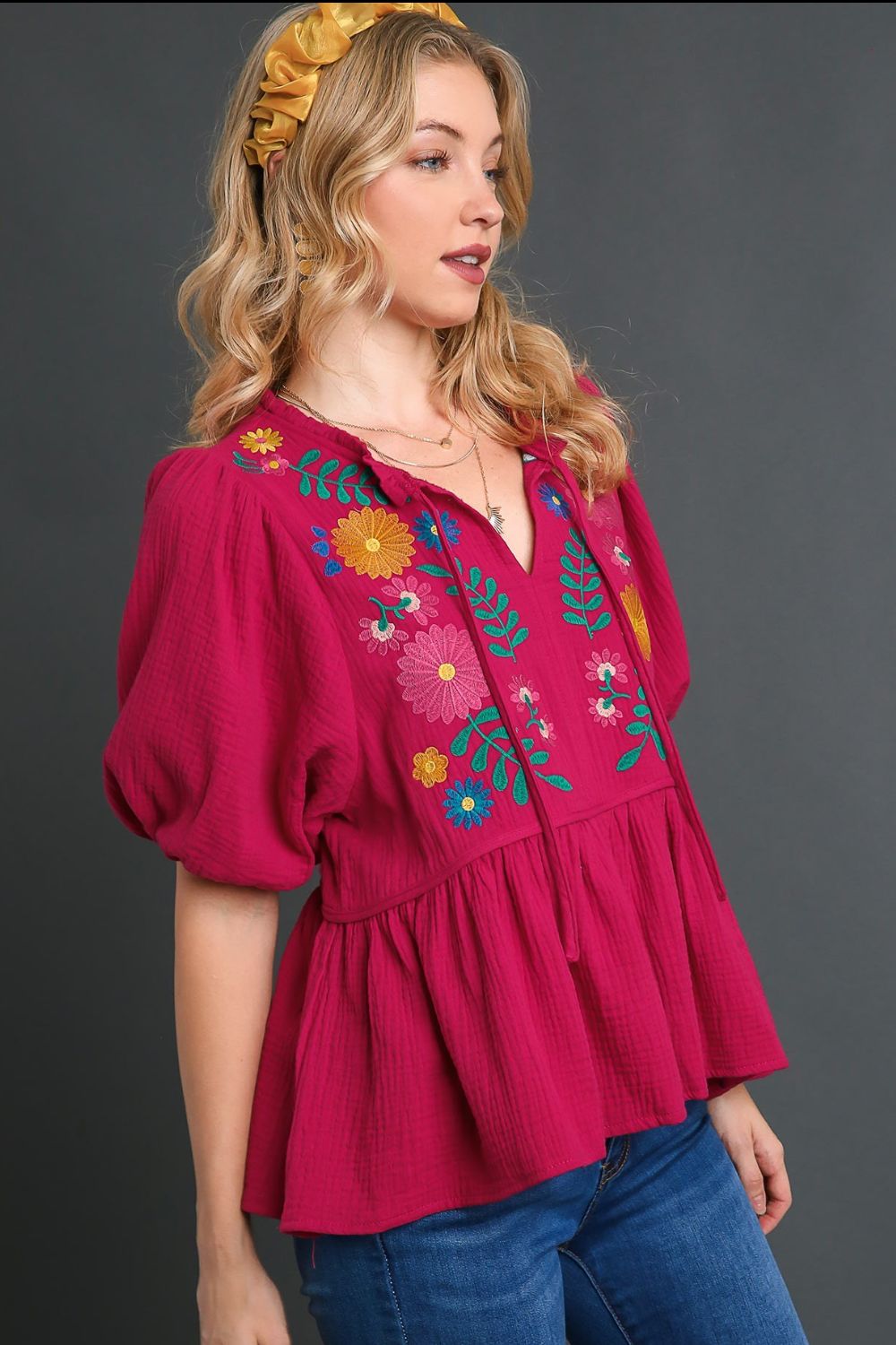 Umgee Babydoll Blouse Deep Rose Cotton Gauze Floral Embroidery Short Sleeve cb72c682-22fc-4850-9f78-c981a910c0de-Max Trendsi