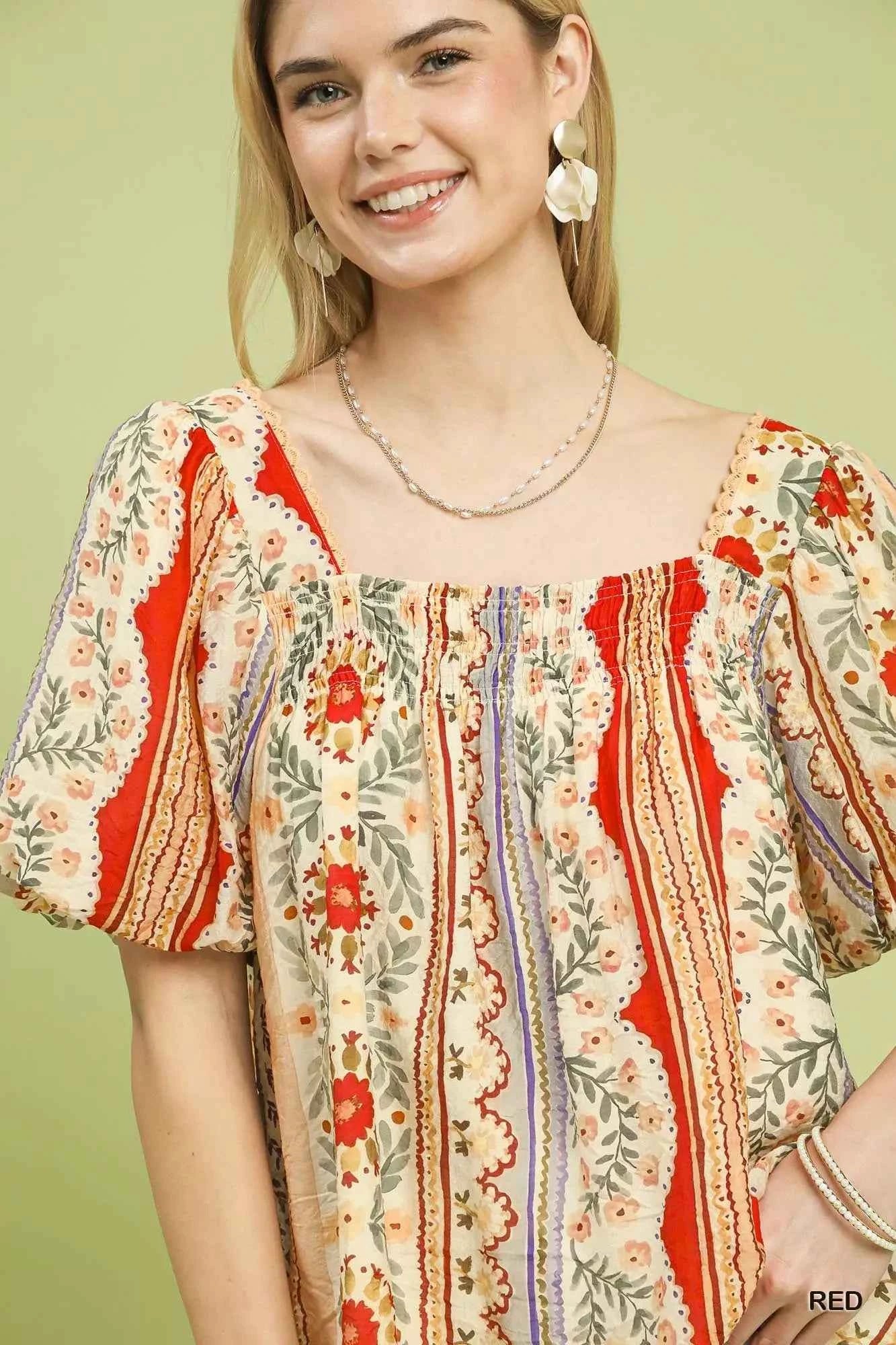 Umgee Patchwork Puff Sleeve Smocked Blouse