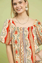 Umgee Patchwork Puff Sleeve Smocked Blouse