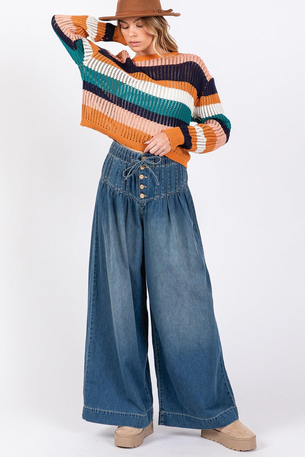 SAGE+FIG Wide Leg Jeans Smocked Waist Band Denim Pants