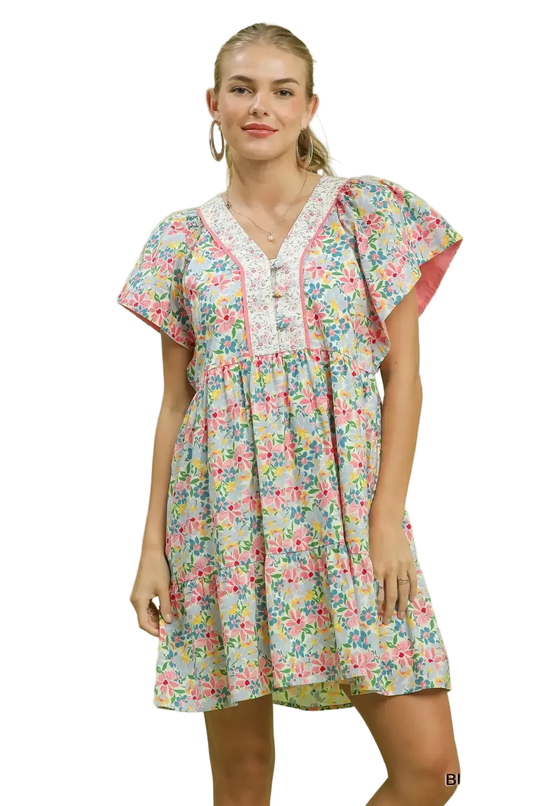 Umgee Mixed Floral Tiered Mini Dress with Side Pockets