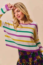 SO ME Mardi Gras Color Stripe Lightweight Sweater Top