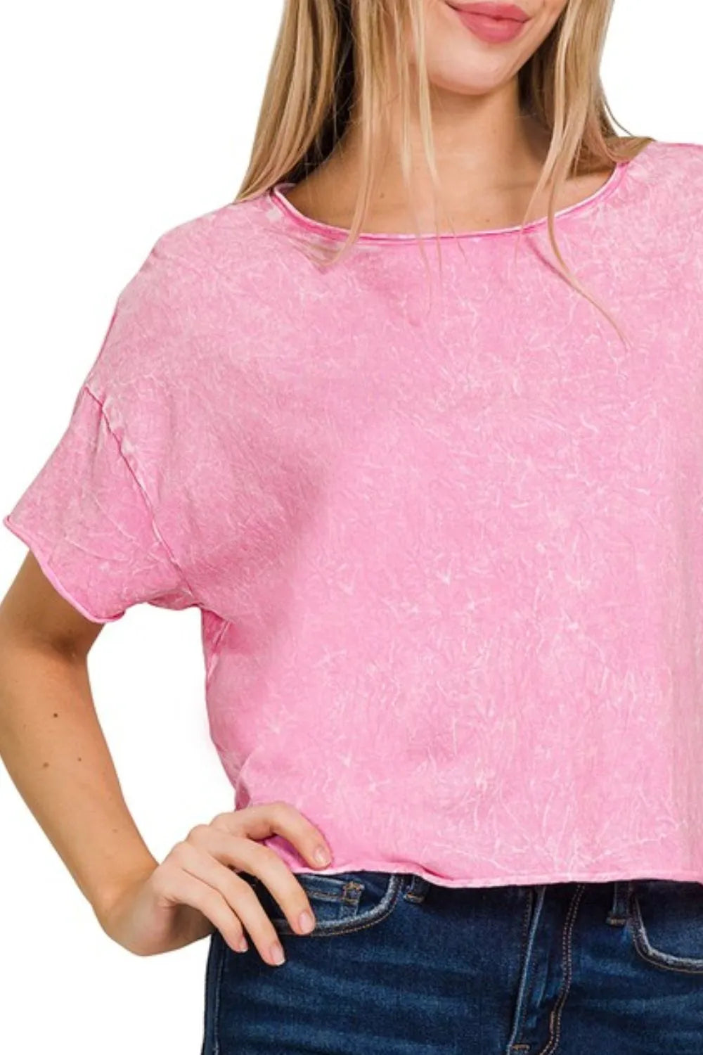 Zenana T-shirt Pink Washed Crew Neck Short Sleeve Crop Box Tee cb7b1f71-88bb-4532-b578-00f23d375471-Max-Origin Trendsi