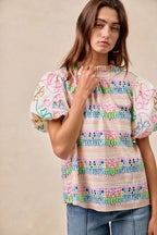 BiBi Blouse Multicolor Ruffle Neckline With Embroidery Bubble Short Sleeve Top cb863d0bae31427cbd4c0021e80bc43d-Max-Origin Trendsi