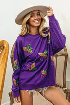BiBi Sweatshirt Purple Mardi Gras Fleur De Lis Sequin Patches Long Sleeve Top cb971f4090844e1dabedc9a826d9823d-Max-Origin Trendsi