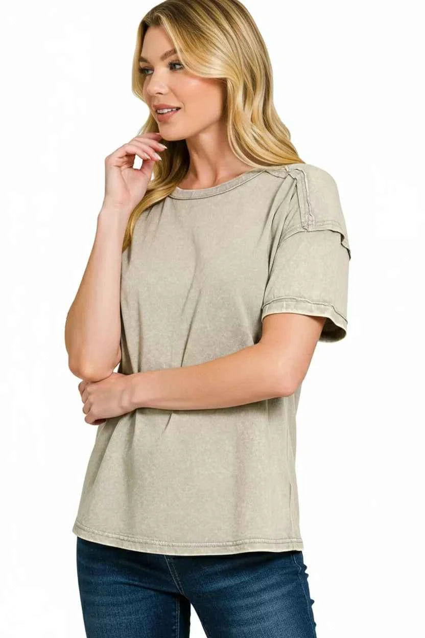 Zenana Acid Washed Round Neck T-shirts
