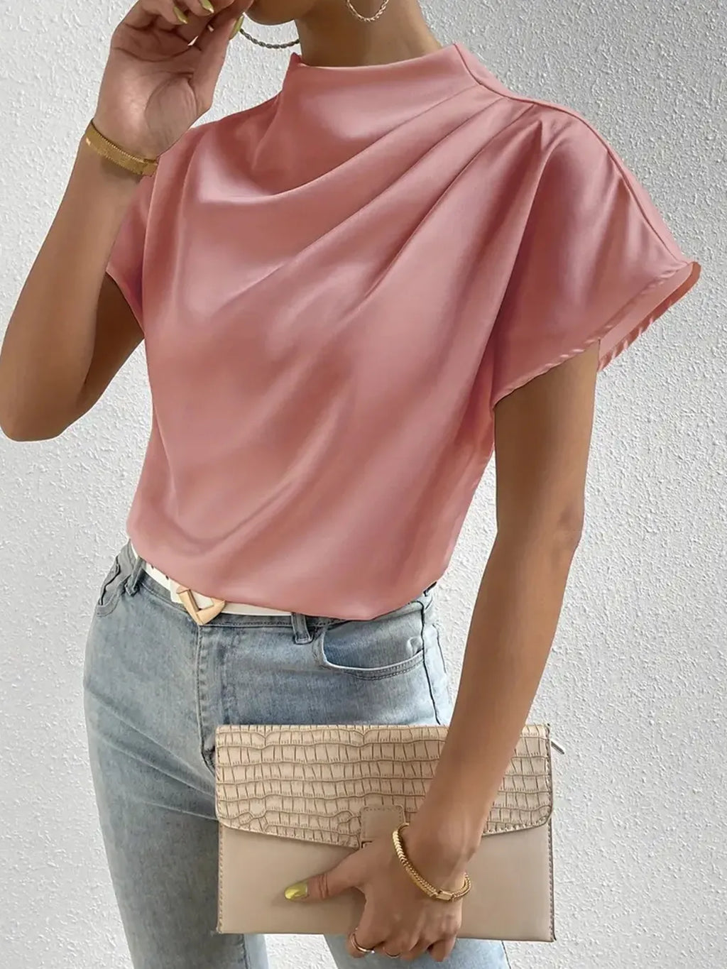 Satin Blouse Mock Neck Pleated Short Sleeve Basic Style Top Burnt Coral cba299b0-2d4c-499b-8fdc-220b4da973c1-Max-Origin Trendsi