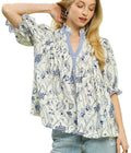 Umgee Mixed Print Button-Front Top with Smocked Yoke and Puff Sleeves