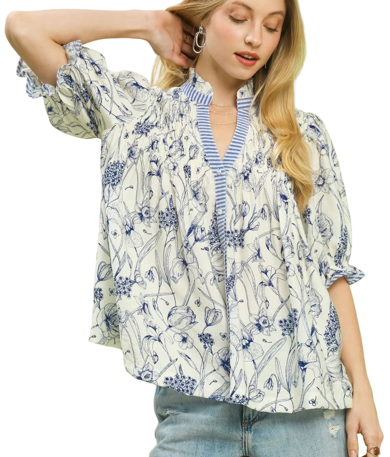 Umgee Mixed Print Button-Front Top with Smocked Yoke and Puff Sleeves