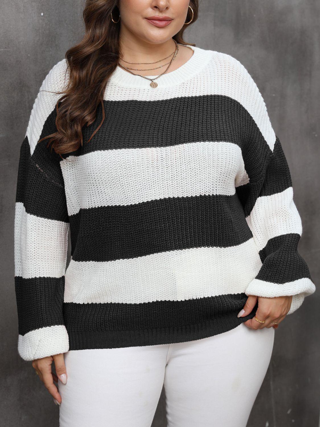 Plus Size Striped Sweater Round Neck Long Sleeve Knitwear Black cbb60510-53d6-4df5-8195-61520eb3f3c7-Max Trendsi