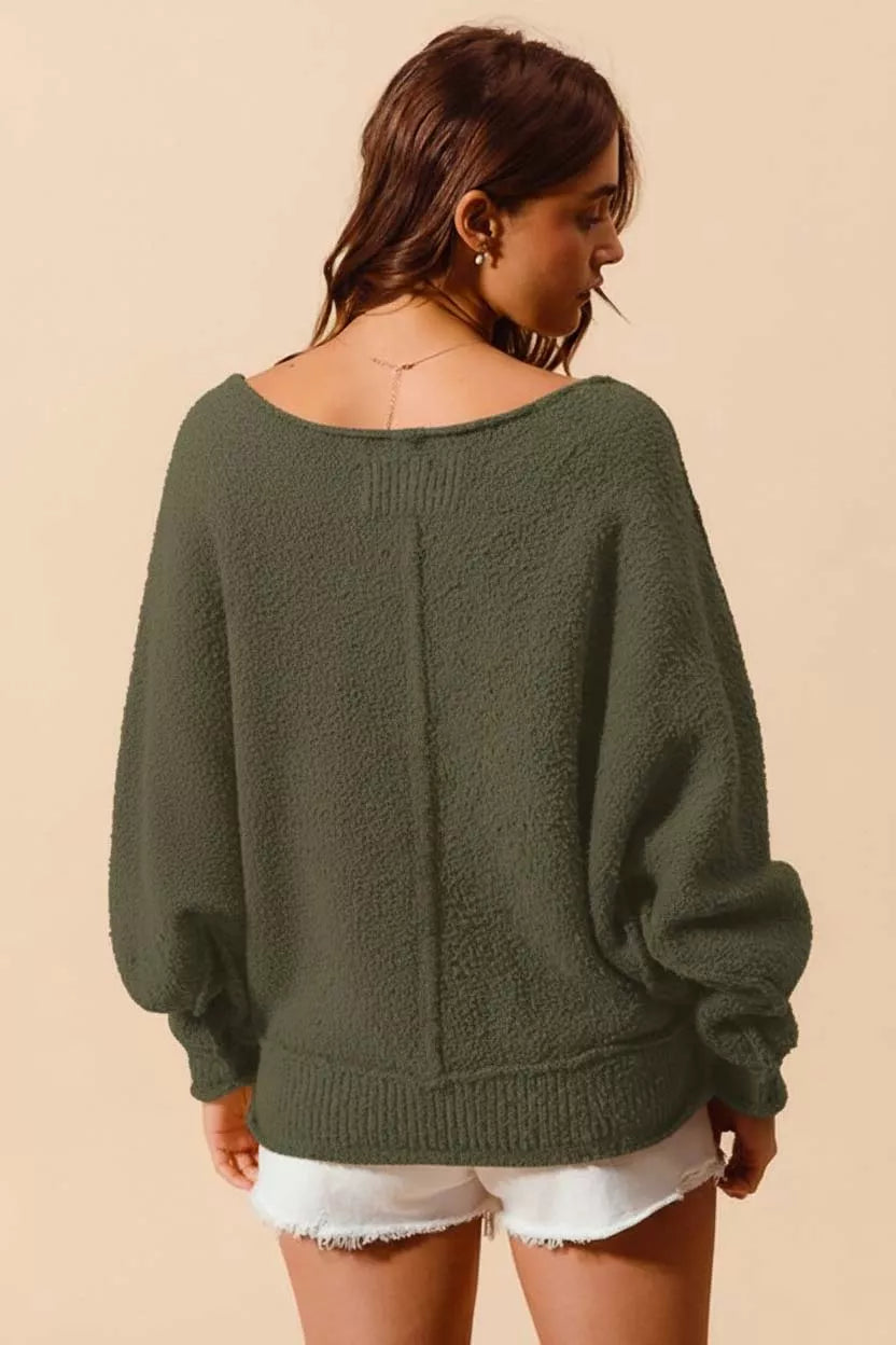 SO ME Womens Sweater Knit olive Loose Fit Exposed Seam Slouchy Boucle cbb6b9c8-6413-41c6-81b6-32070032f24f-Max-Origin Trendsi