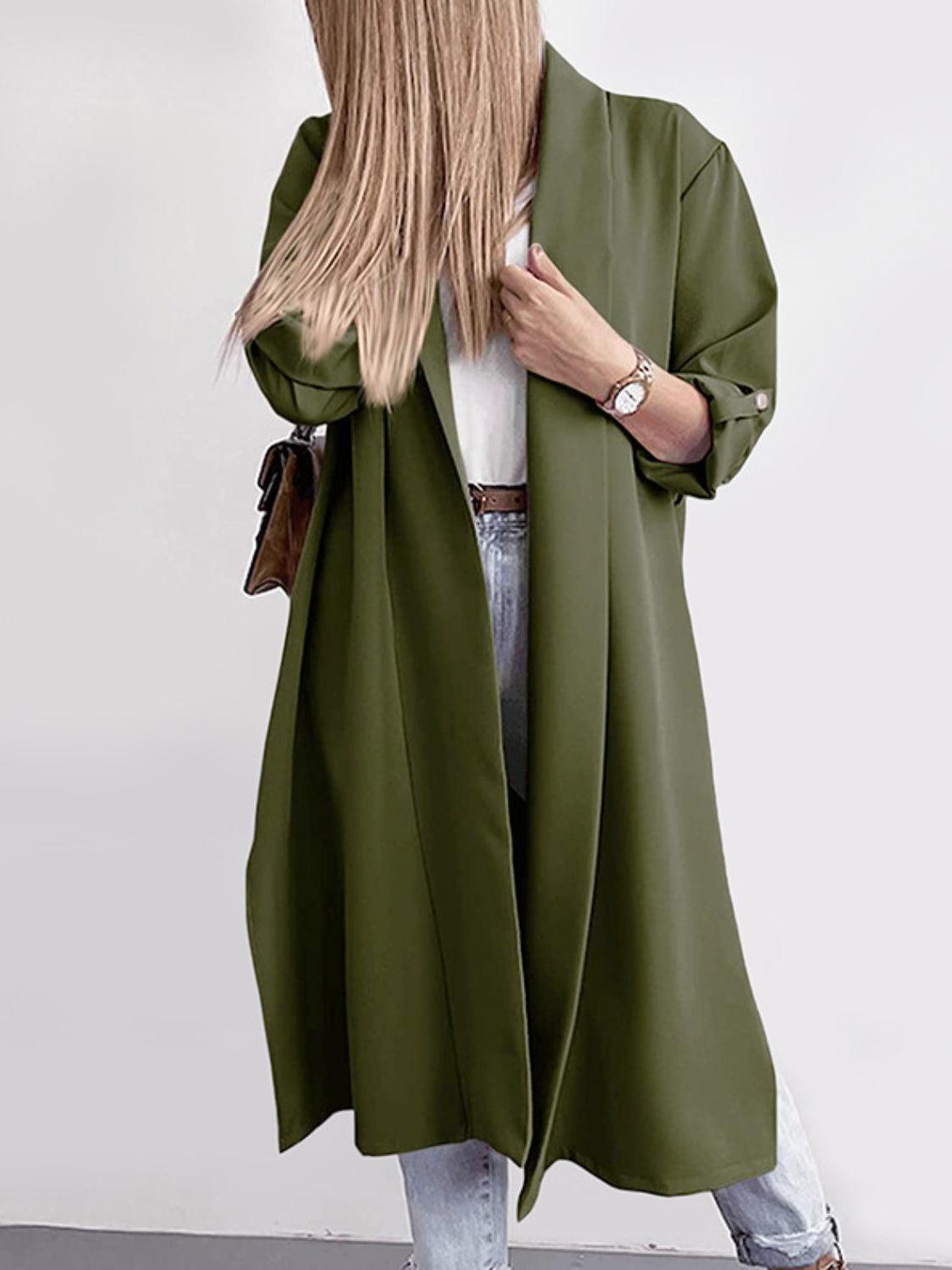 Trench Coat Slit Open Front Roll-Tab Sleeve Outwear Army Green cbb9885e-8376-4a6b-9b93-b5717ba298ea-Max Trendsi