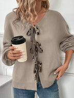 Perfee Women Cardigan Bow Tied Heart Leopard Back V-Neck Long Sleeve cbc750e6-39b7-48a3-887d-9638791d734f-Max Trendsi