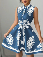 Mini Shirt Dress Printed Sleeveless Bow Tie Waist Buttoned A-Line S-2XL cbc891ce-77a4-4cb3-a242-8085405180ca-Max-Origin Trendsi